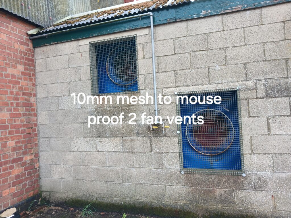 10mm mesh fitted to a grain store fan house vent to prevent mice entering farm buildings