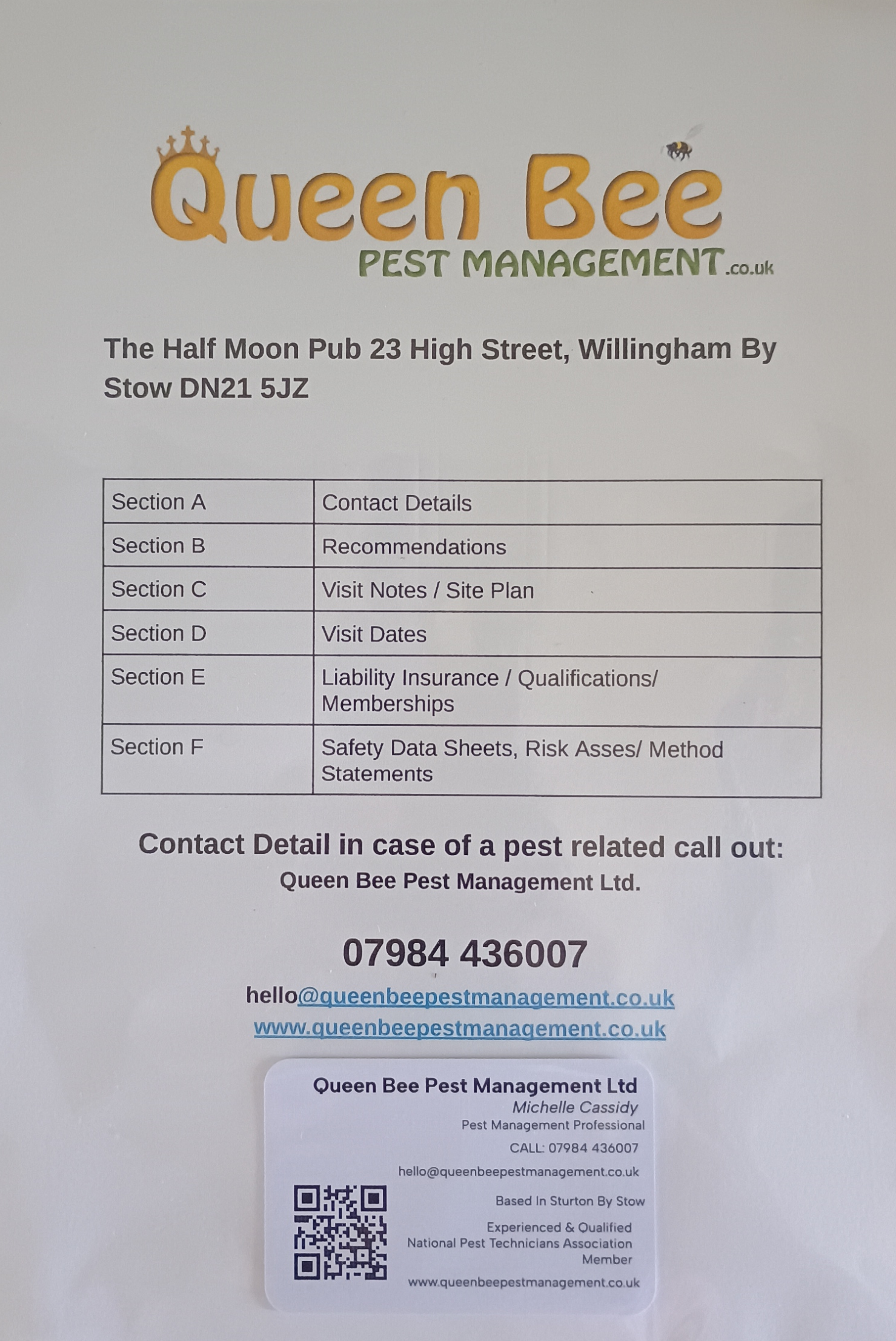 Pest control folder and visit records for pub and restaurant compliance